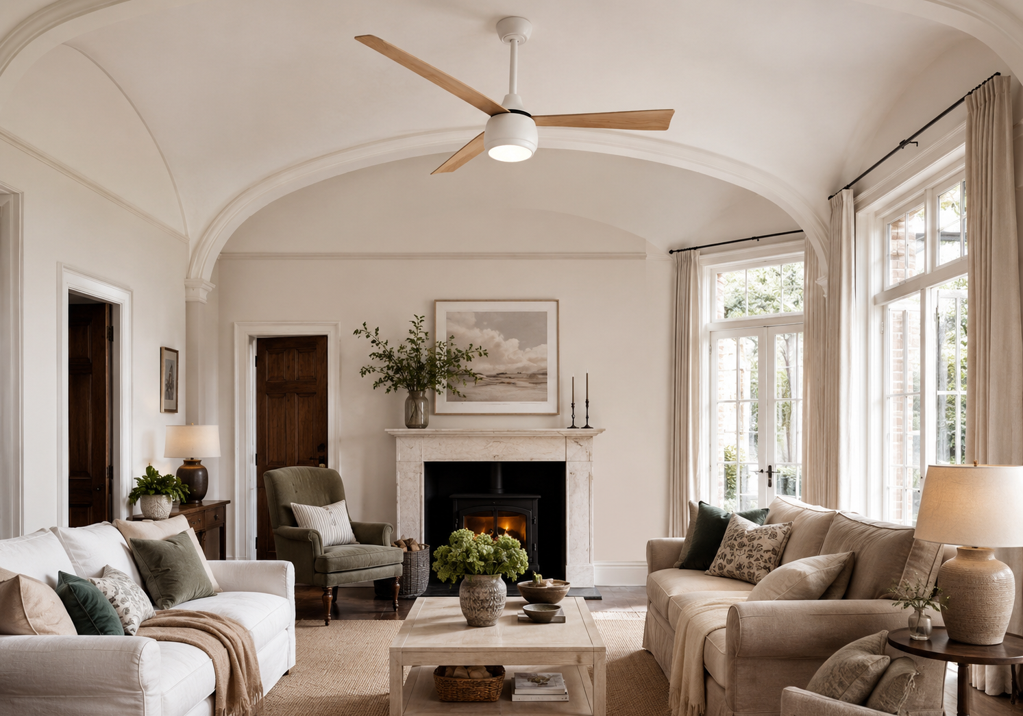 Modern ceiling fan with light and light wood blades in a bright living room