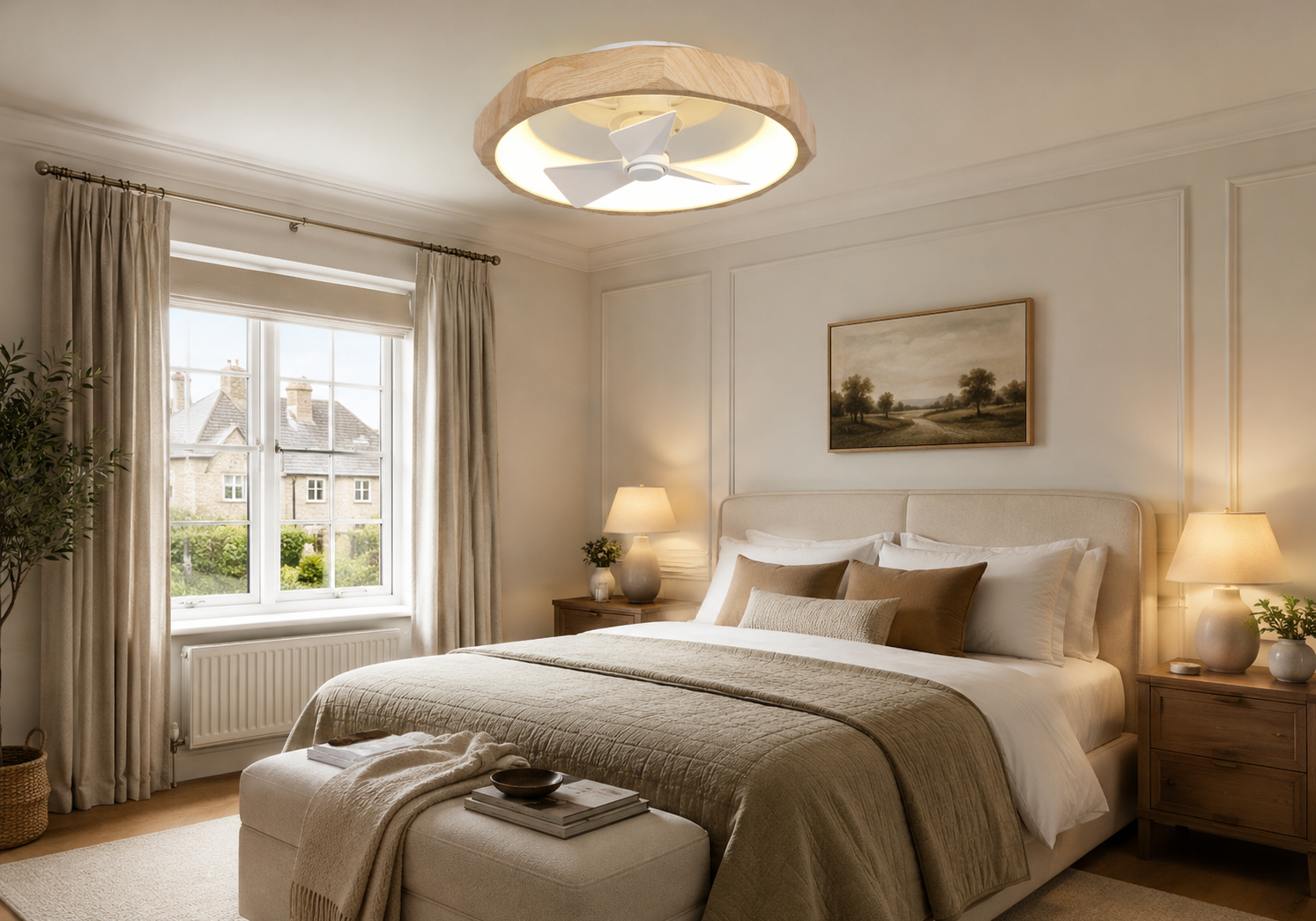 Modern wooden ceiling fan with integrated light in a neutral toned bedroom