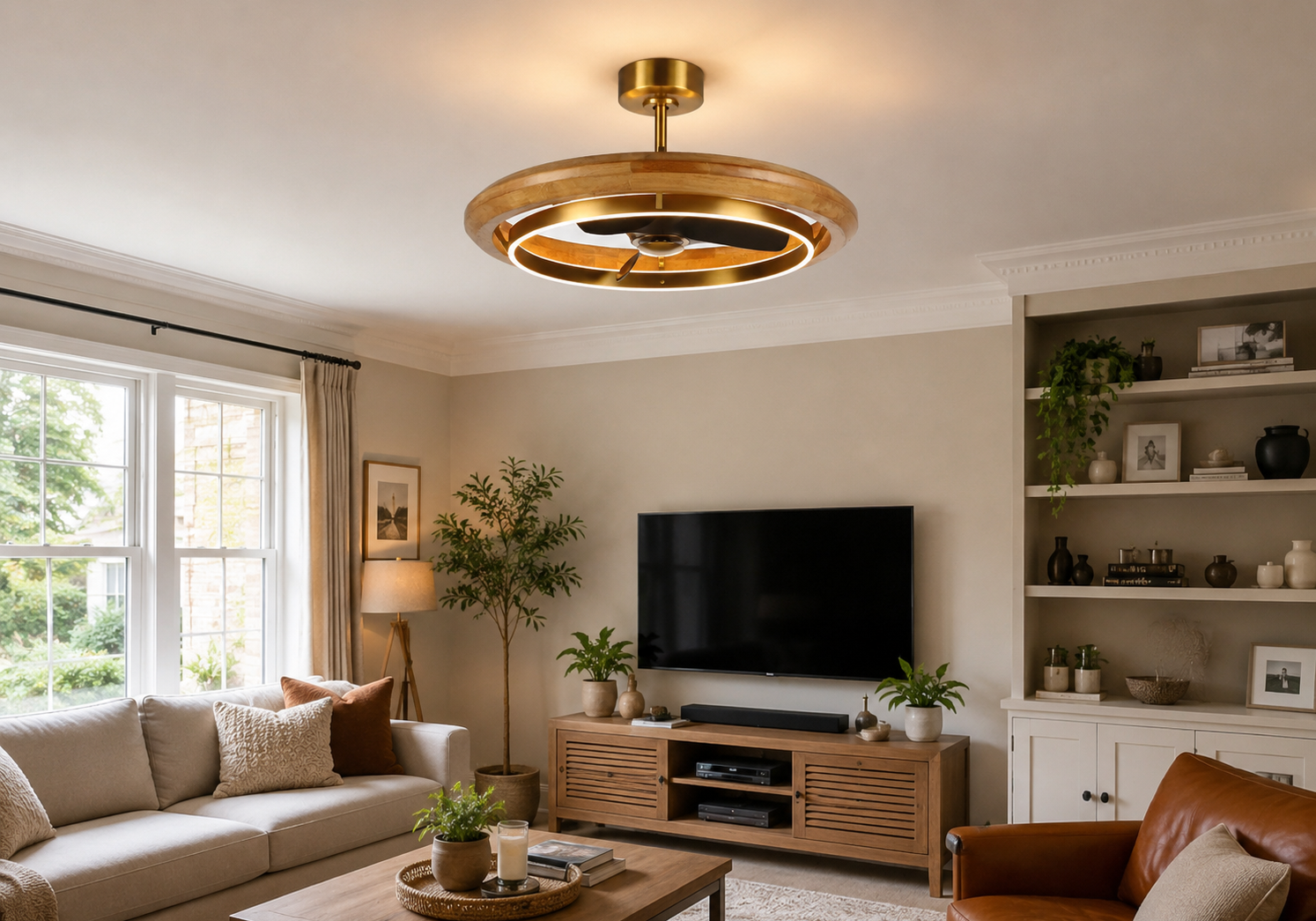 Modern wooden ceiling fan with integrated LED lighting in a living room