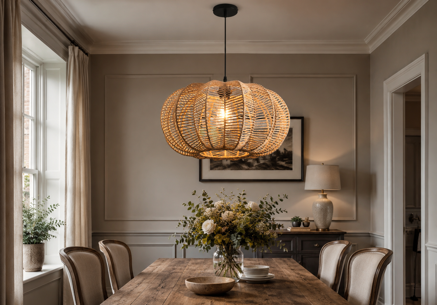 Woven rattan spherical pendant light hanging over a rustic wooden dining table