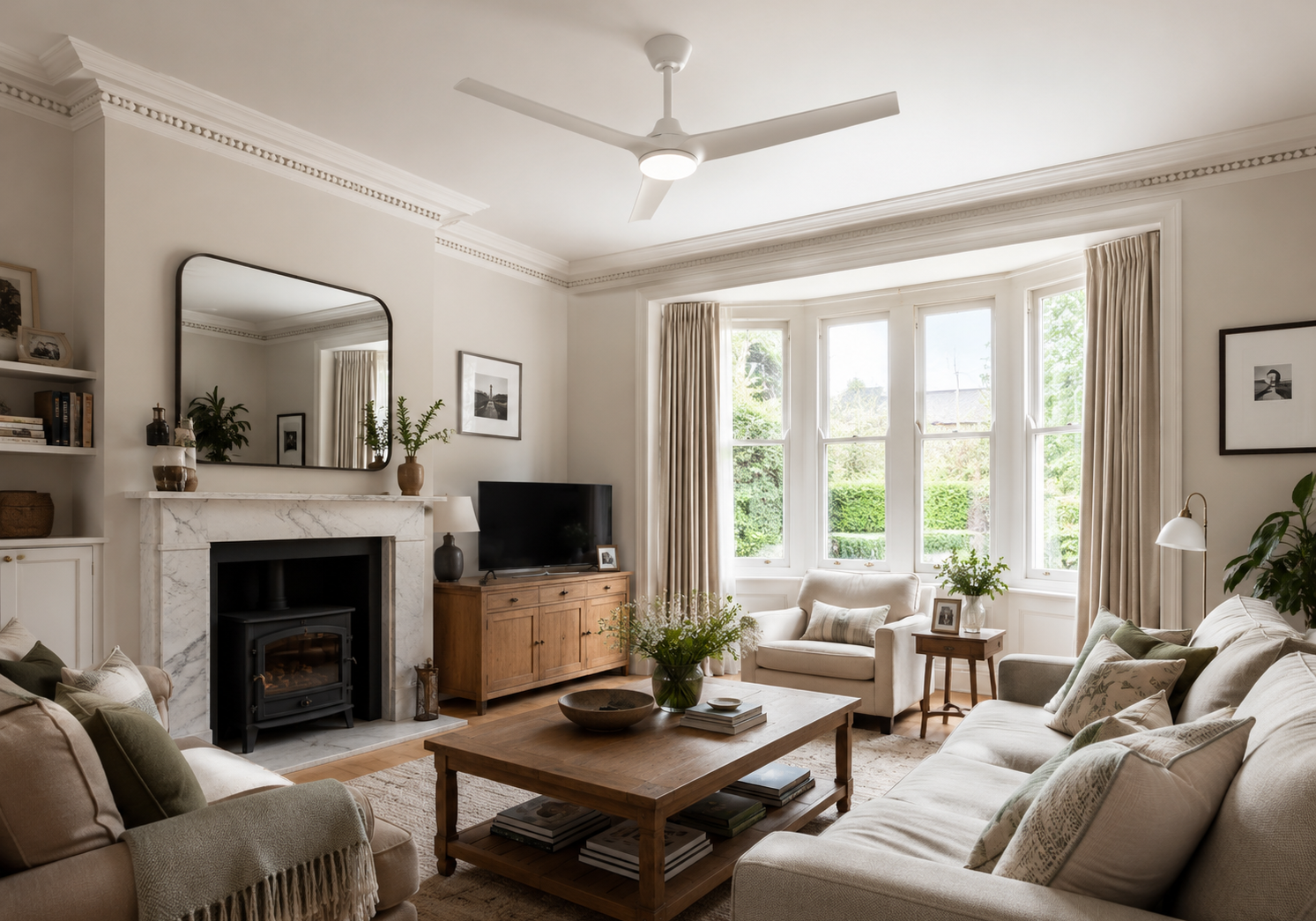 Modern white ceiling fan installed in a neutral-toned living room