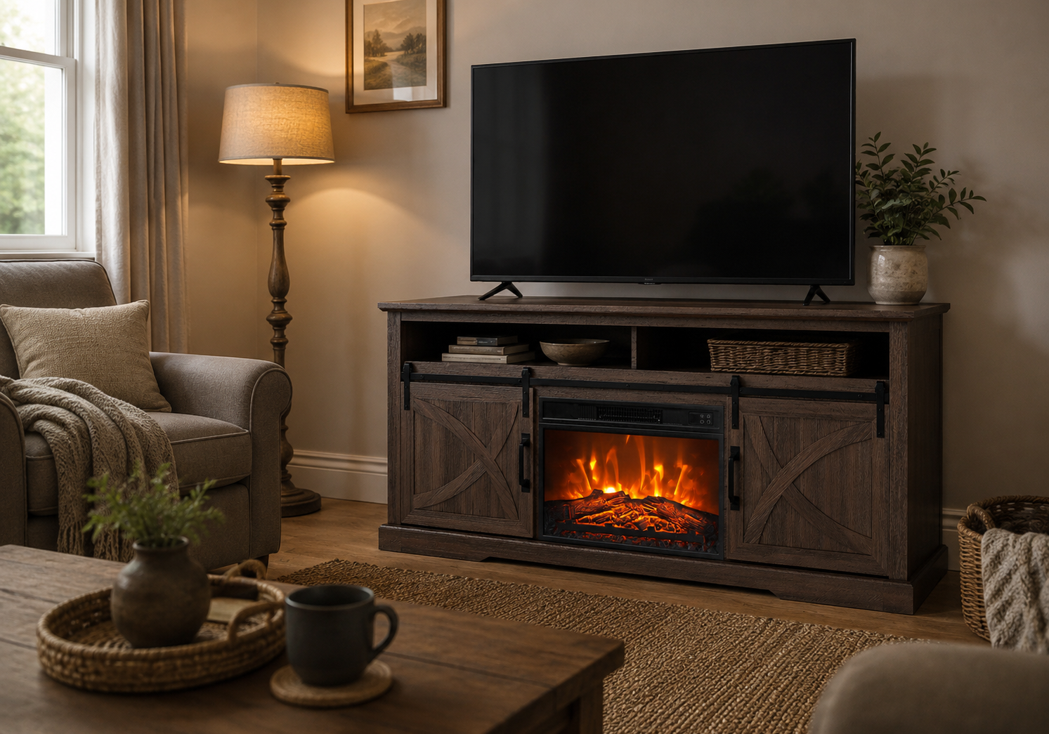 Rustic wooden TV stand with an integrated electric fireplace and sliding barn doors