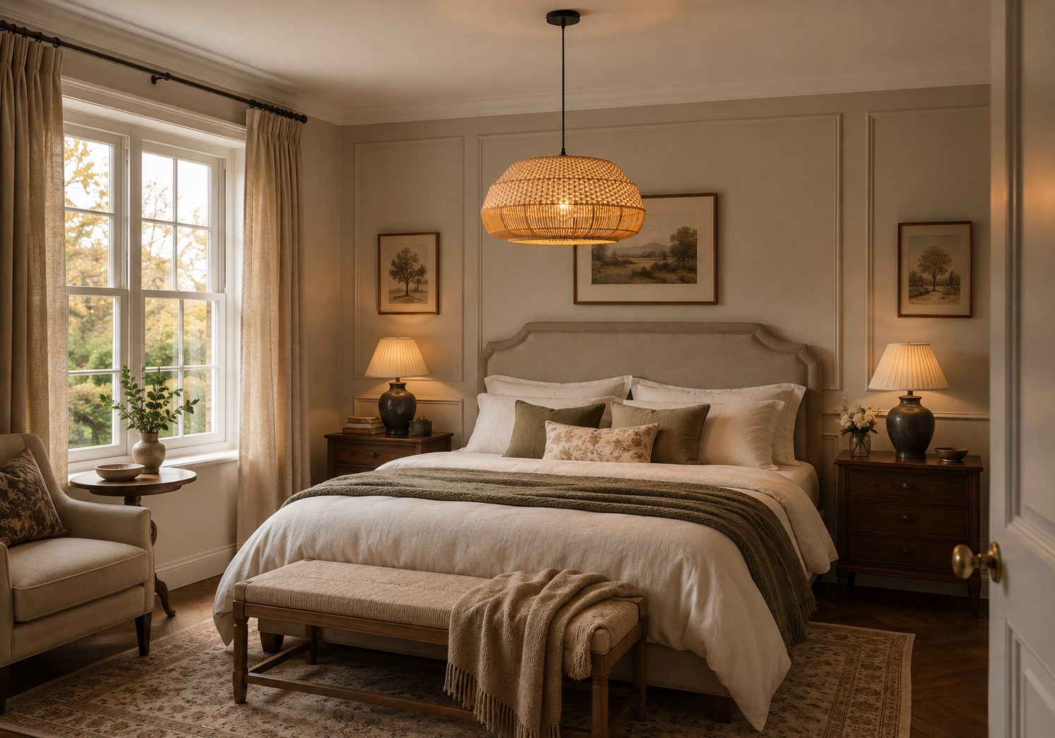 Woven rattan pendant ceiling light hanging in a neutral toned bedroom