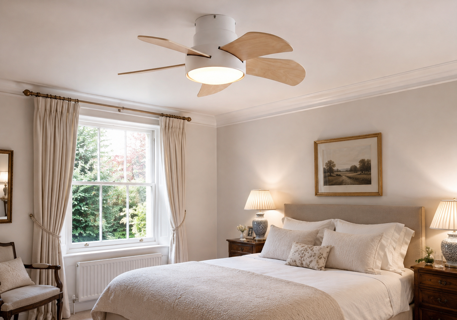 Modern ceiling fan with light-colored wooden blades and integrated light fixture in a bedroom