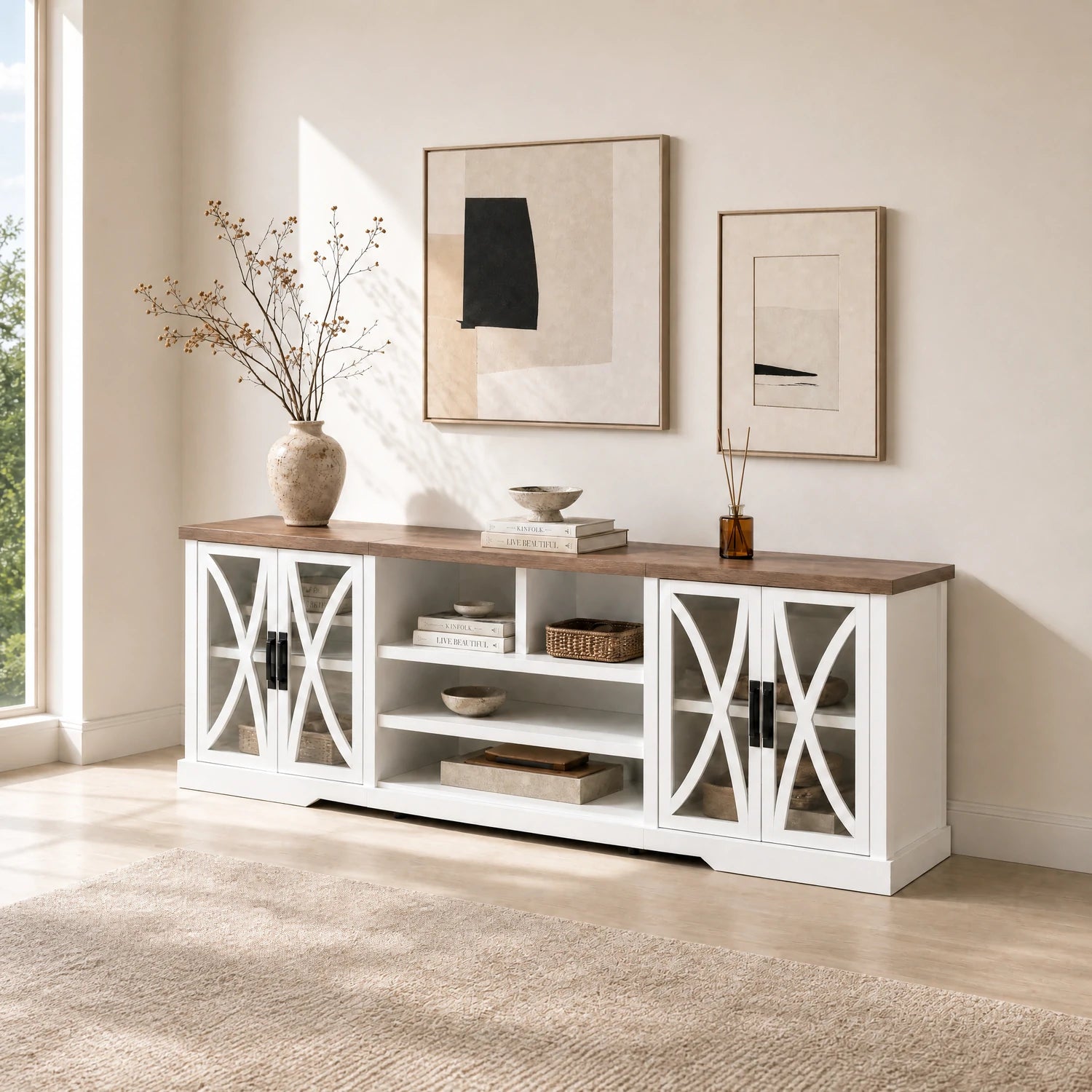 93"/236cm White TV Stand With Storage Cabinets & 36"/91cm Electric Fireplace