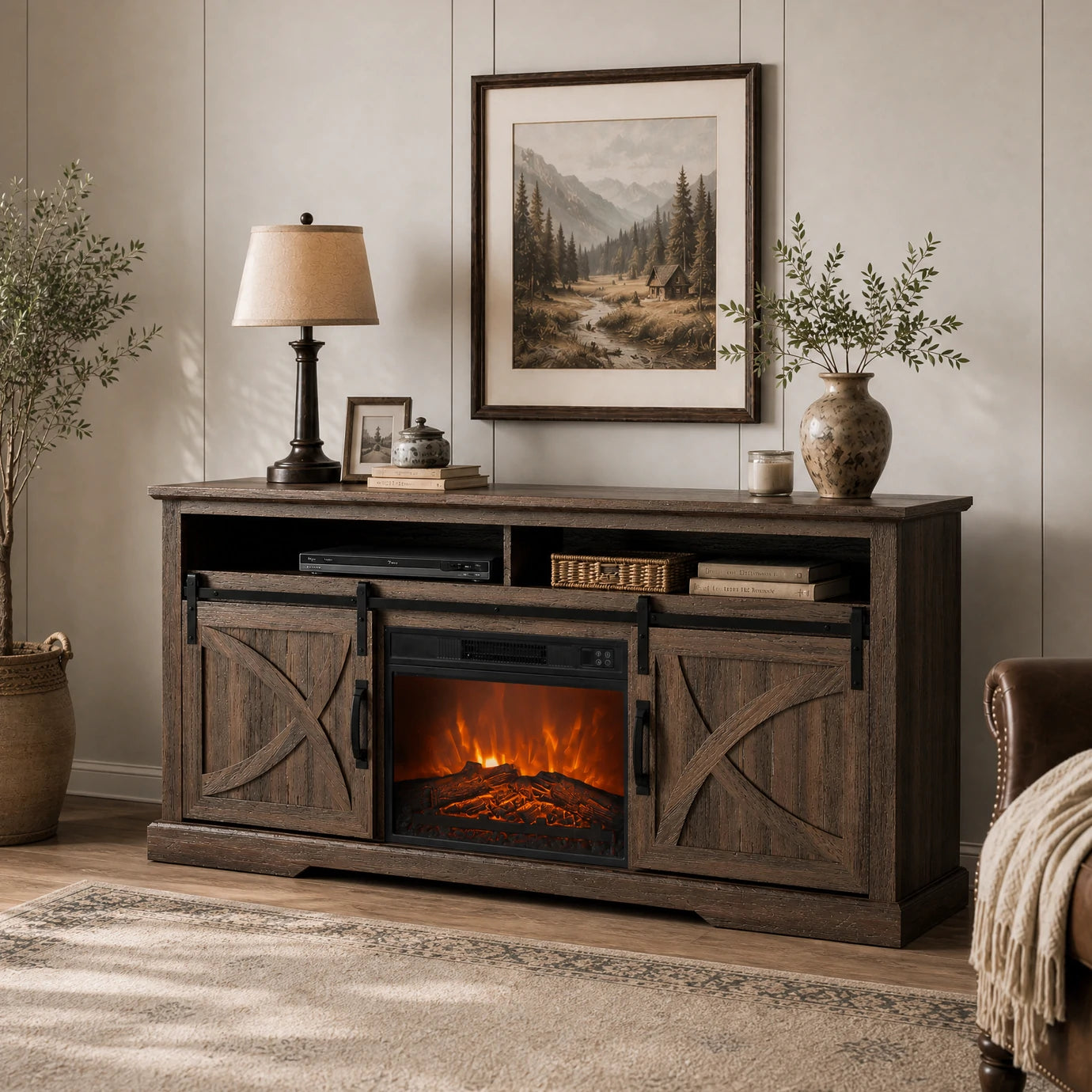 173cm/68" Farmhouse Brown TV Stand with 23" Electric Fireplace Inset