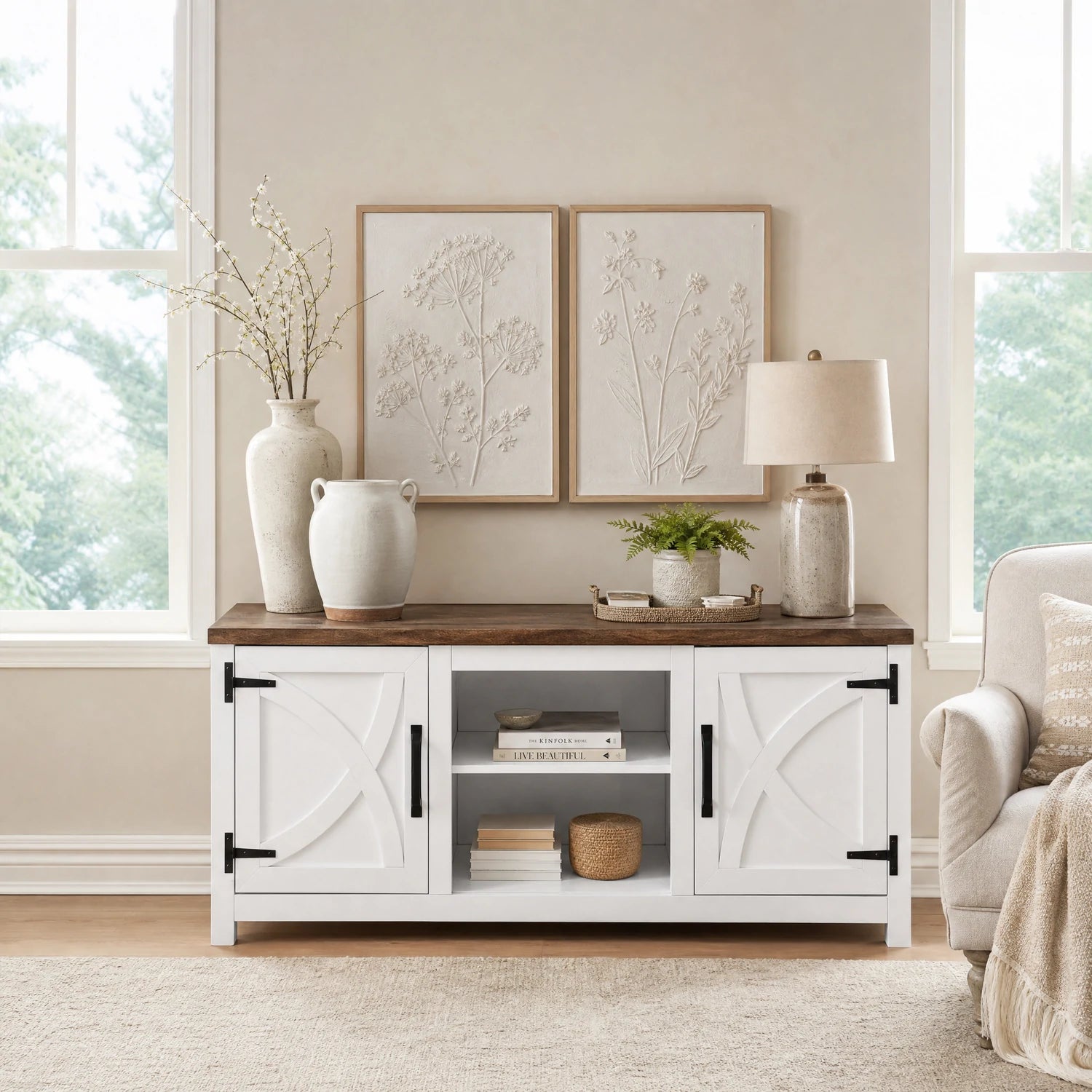 147cm/58" White TV Stand with Closed Storage, Storage Cabinet with Adjustable Shelves, Fits Up to 65" TVs