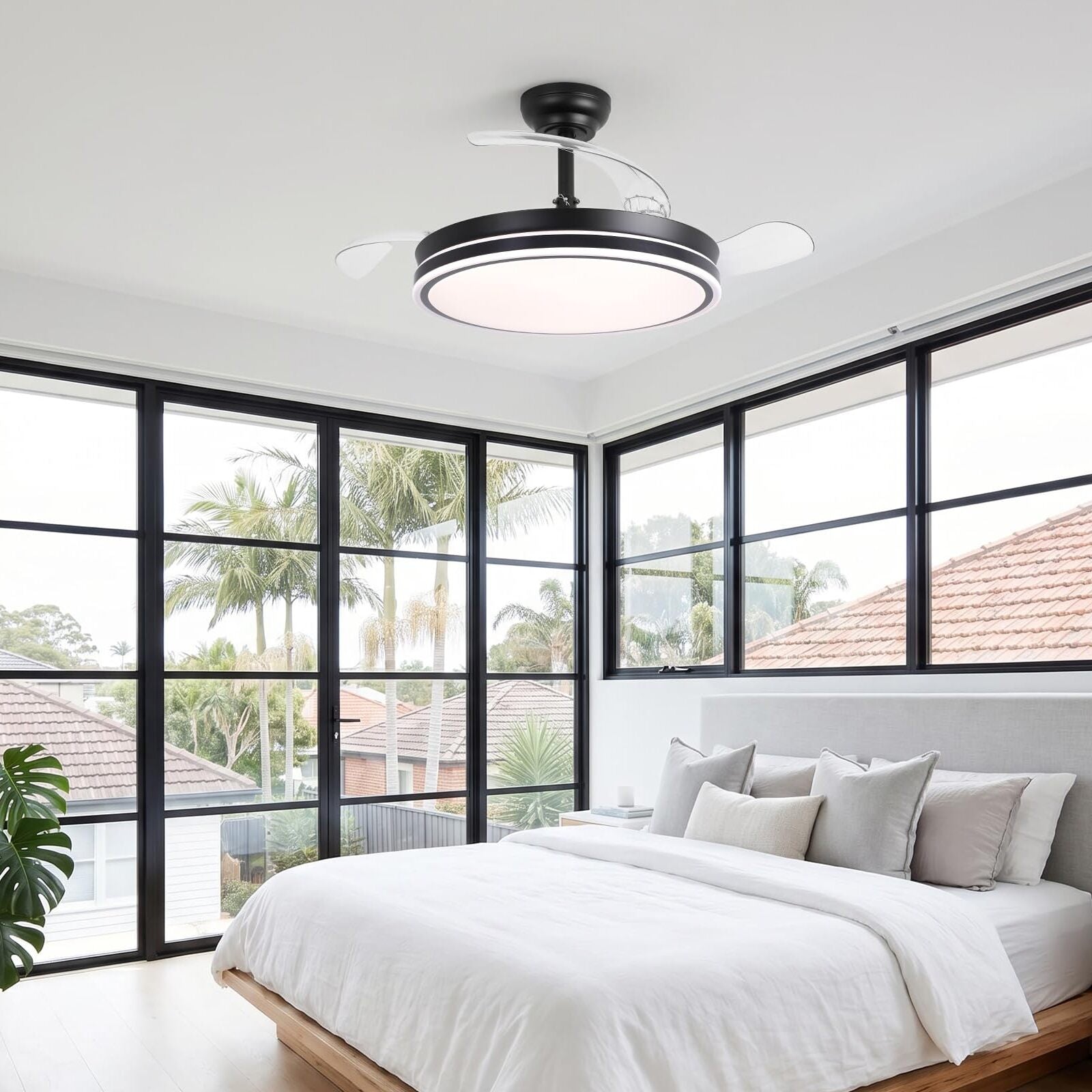 Serena Ultra-Quiet DC Motor Ceiling Fan Black Ø100 cm with 3 Retractable Blades and LED Light