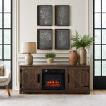 147cm/58" Brown TV Stand with Electric Fire, TV Stand with Barn Door, Storage Cabinet with Adjustable Shelves, Fits Up to 65" TVs