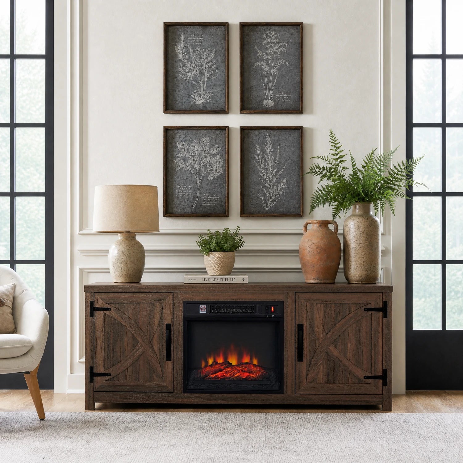 147cm/58" Brown TV Stand with Electric Fire, TV Stand with Barn Door, Storage Cabinet with Adjustable Shelves, Fits Up to 65" TVs
