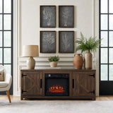 147cm/58" Brown TV Stand with Electric Fire, TV Stand with Barn Door, Storage Cabinet with Adjustable Shelves, Fits Up to 65" TVs