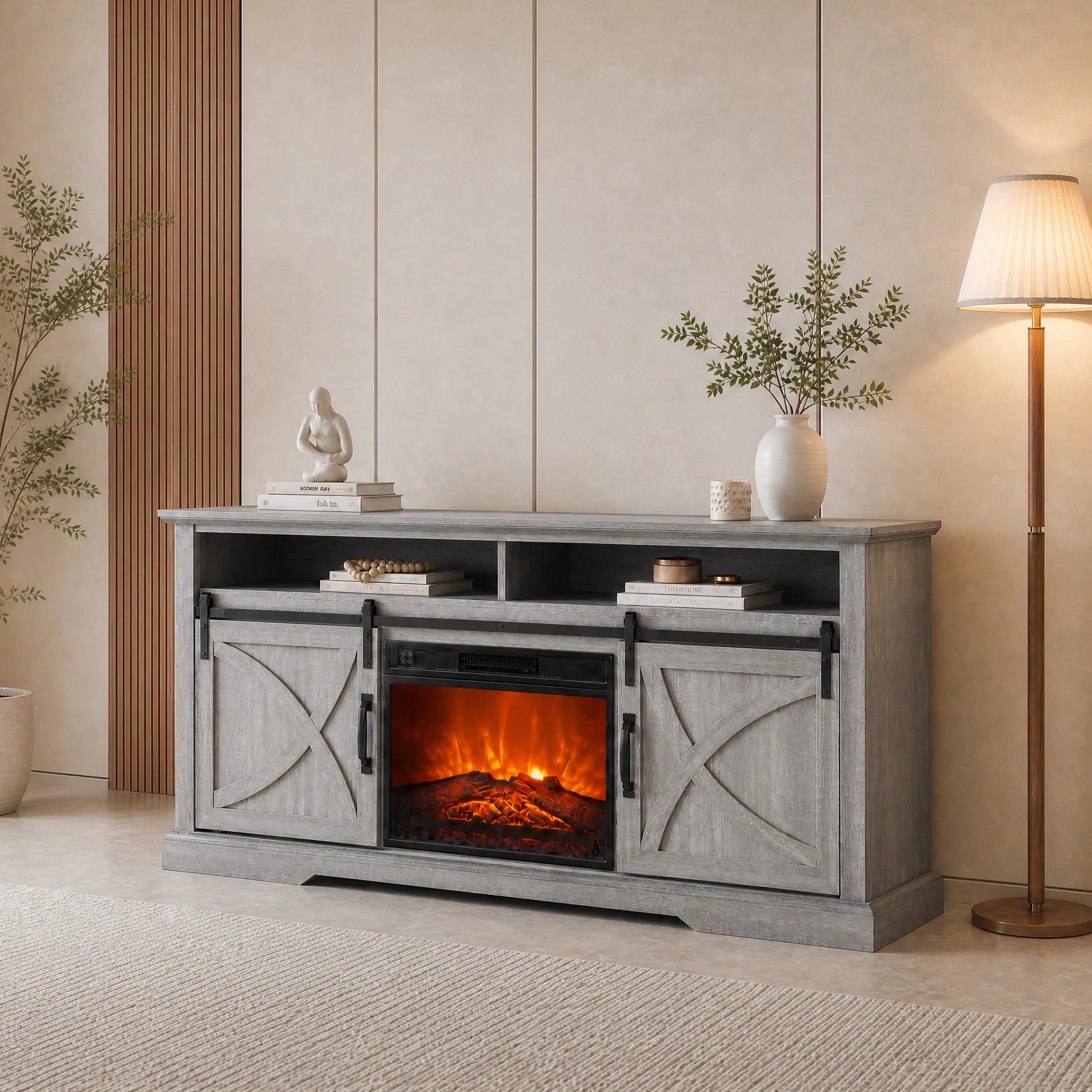 Rowan 173cm/68" Farmhouse Grey TV Stand with 23" Electric Fireplace Inset