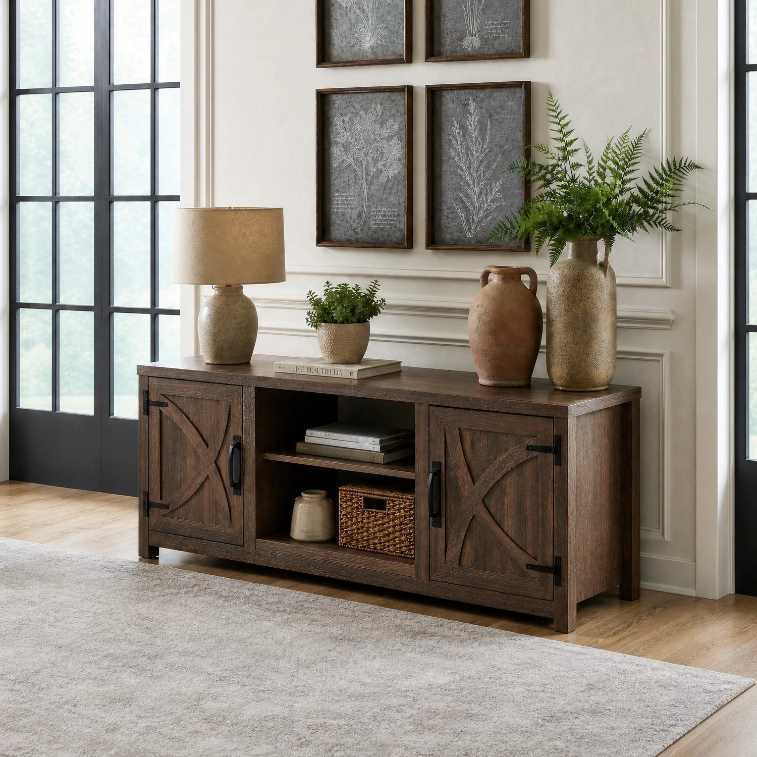 Ember 147cm/58" Brown TV Stand with Electric Fire, TV Stand with Barn Door, Storage Cabinet with Adjustable Shelves, Fits Up to 65" TVs