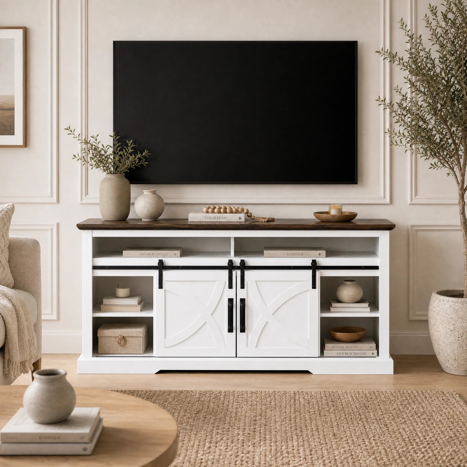 Rowan 173cm/68" Farmhouse White TV Stand with 23" Electric Fireplace Inset