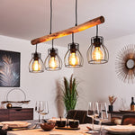 Industrial Rustic Wood & Wire Cage Linear Pendant Light for Dining Room Living Room - Parrot Uncle UK