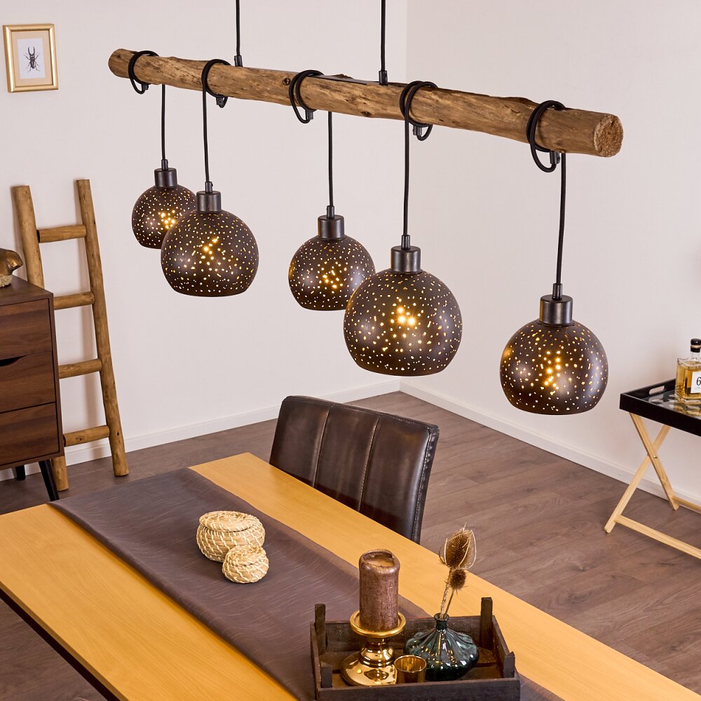 Bohemian Rustic Wood & Perforated Metal Cluster Pendant Light for Dining Room Living Room - Parrot Uncle UK