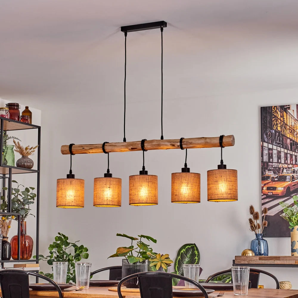 Scandinavian Rustic Wood and Geometric Wire Cage Linear Pendant Light for Kitchen Dining Room - Parrot Uncle UK