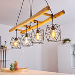 Scandinavian Rustic Wood & Geometric Wire Cage Linear Pendant Light for Kitchen Dining Room - Parrot Uncle UK
