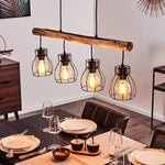 Industrial Rustic Wood & Wire Cage Linear Pendant Light for Dining Room Living Room - Parrot Uncle UK