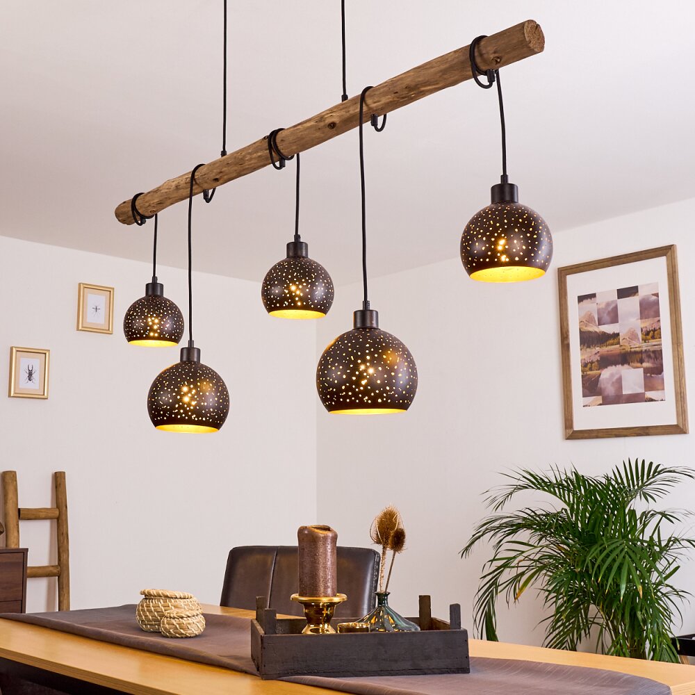 Rustic Cluster Bohemian Rustic Wood & Perforated Metal Cluster Pendant Light for Dini ...