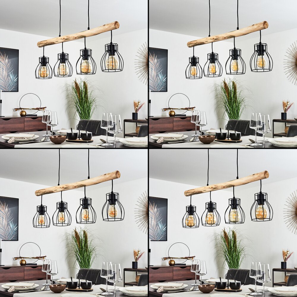 Industrial Rustic Wood & Wire Cage Linear Pendant Light for Dining Room Living Room - Parrot Uncle UK