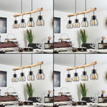 Industrial Rustic Wood & Wire Cage Linear Pendant Light for Dining Room Living Room - Parrot Uncle UK
