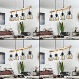 Industrial Rustic Wood & Wire Cage Linear Pendant Light for Dining Room Living Room - Parrot Uncle UK