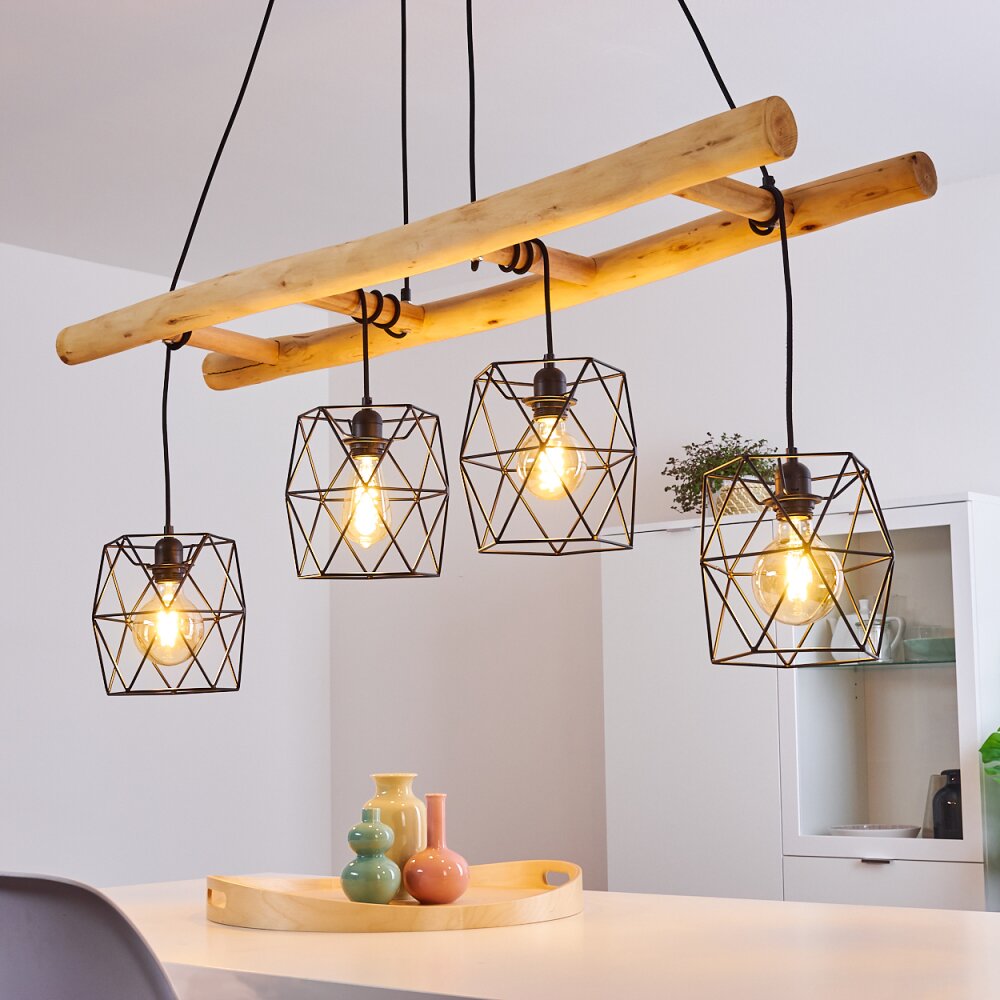 Scandinavian Rustic Wood & Geometric Wire Cage Linear Pendant Light for Kitchen Dining Room - Parrot Uncle UK