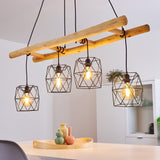 Scandinavian Rustic Wood & Geometric Wire Cage Linear Pendant Light for Kitchen Dining Room - Parrot Uncle UK