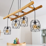 Scandinavian Rustic Wood & Geometric Wire Cage Linear Pendant Light for Kitchen Dining Room - Parrot Uncle UK