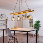Scandinavian Rustic Wood & Geometric Wire Cage Linear Pendant Light for Kitchen Dining Room - Parrot Uncle UK