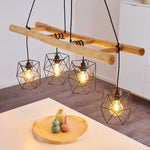 Scandinavian Rustic Wood & Geometric Wire Cage Linear Pendant Light for Kitchen Dining Room - Parrot Uncle UK