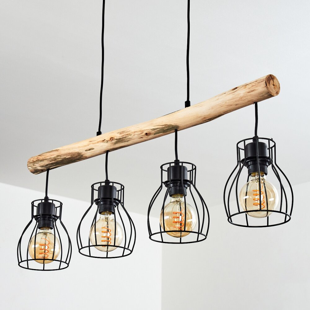 Industrial Rustic Wood & Wire Cage Linear Pendant Light for Dining Room Living Room - Parrot Uncle UK