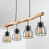 Industrial Rustic Wood & Wire Cage Linear Pendant Light for Dining Room Living Room - Parrot Uncle UK
