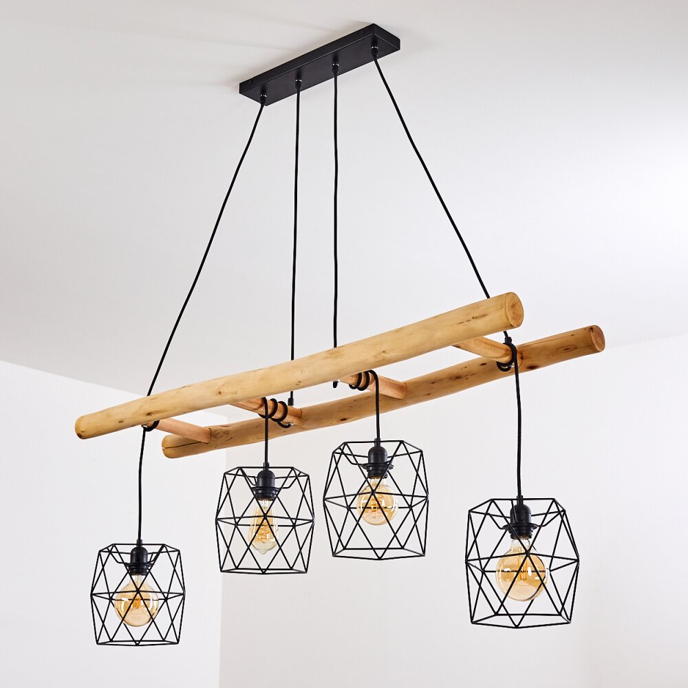 Scandinavian Rustic Wood & Geometric Wire Cage Linear Pendant Light for Kitchen Dining Room - Parrot Uncle UK