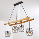 Scandinavian Rustic Wood & Geometric Wire Cage Linear Pendant Light for Kitchen Dining Room - Parrot Uncle UK