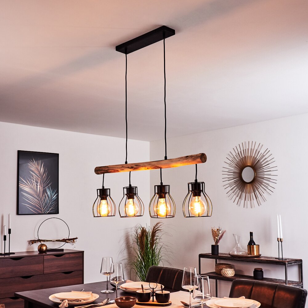 Industrial Rustic Wood & Wire Cage Linear Pendant Light for Dining Room Living Room - Parrot Uncle UK