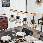 Industrial Rustic Wood & Wire Cage Linear Pendant Light for Dining Room Living Room - Parrot Uncle UK