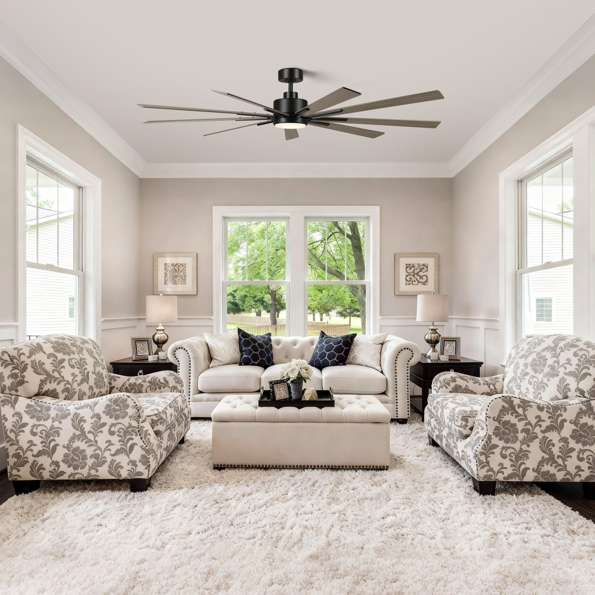 72 Inch Aries Black Downrod Mount LED Windmill Ceiling Fan with Remote Control - Parrot Uncle UK