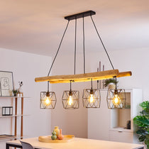 Scandinavian Rustic Wood & Geometric Wire Cage Linear Pendant Light for Kitchen Dining Room - Parrot Uncle UK