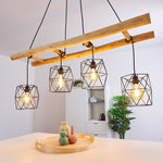 Scandinavian Rustic Wood & Geometric Wire Cage Linear Pendant Light for Kitchen Dining Room - Parrot Uncle UK