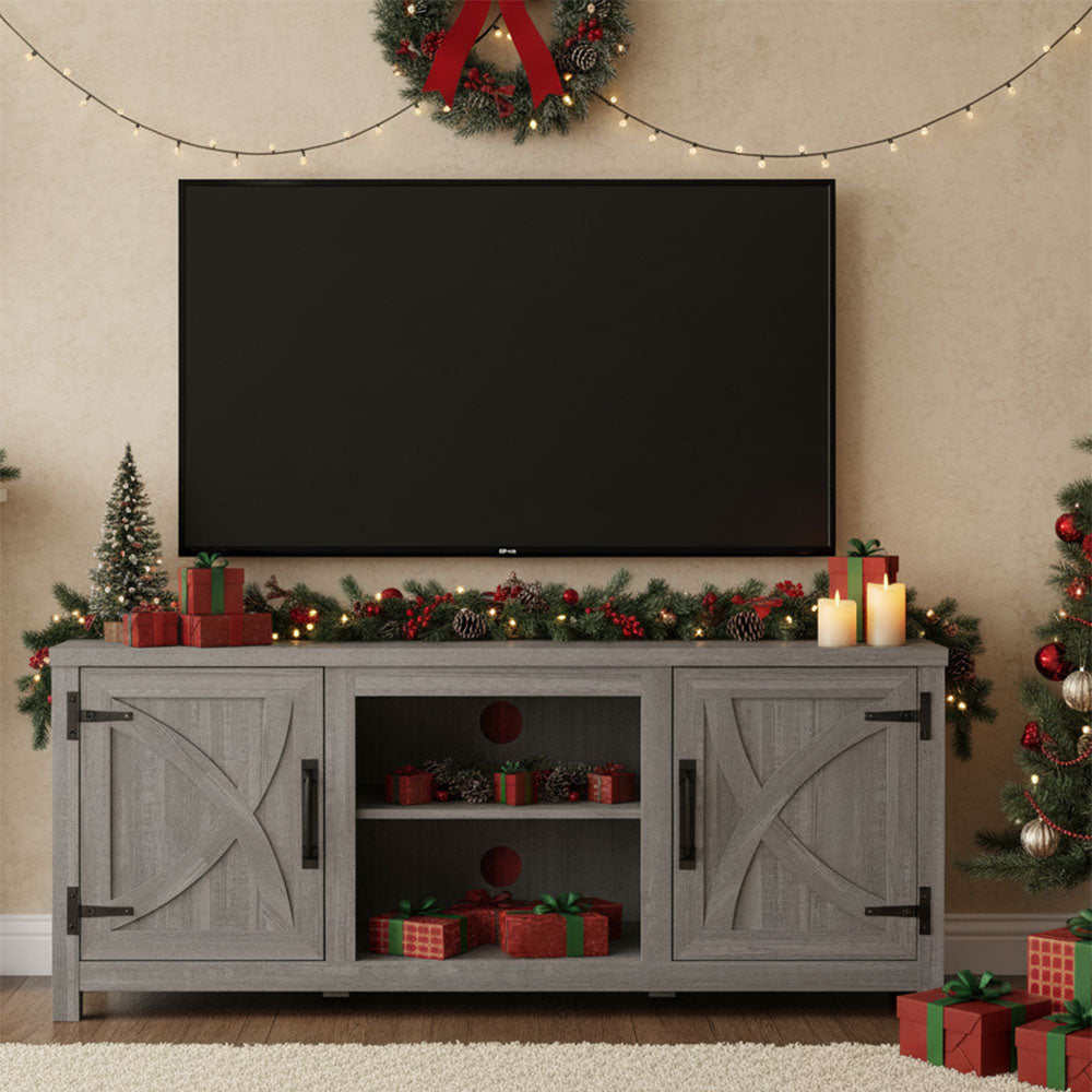 147cm/58" Grey TV Stand with Closed Storage, Storage Cabinet with Adjustable Shelves, Fits Up to 65" TVs