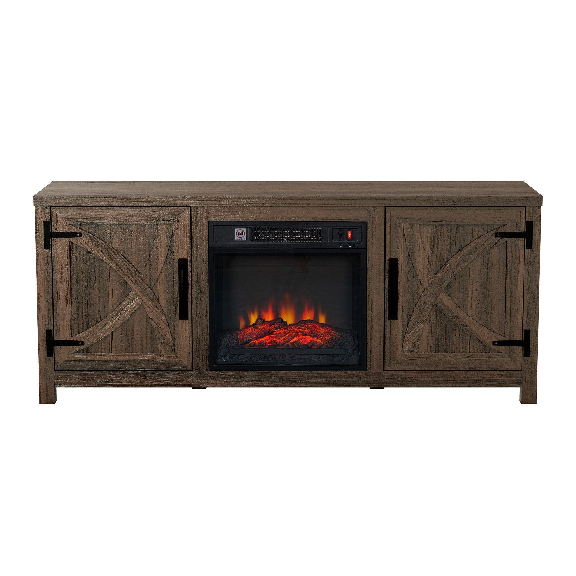 147cm/58" Brown TV Stand with Electric Fire, TV Stand with Barn Door, Storage Cabinet with Adjustable Shelves, Fits Up to 65" TVs
