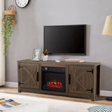 147cm Brown TV Stand with Electric Fire, TV Stand with Barn Door, Storage Cabinet with Adjustable Shelves, Fits Up to 65" TVs