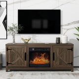 147cm Brown TV Stand with Electric Fire, TV Stand with Barn Door, Storage Cabinet with Adjustable Shelves, Fits Up to 65" TVs