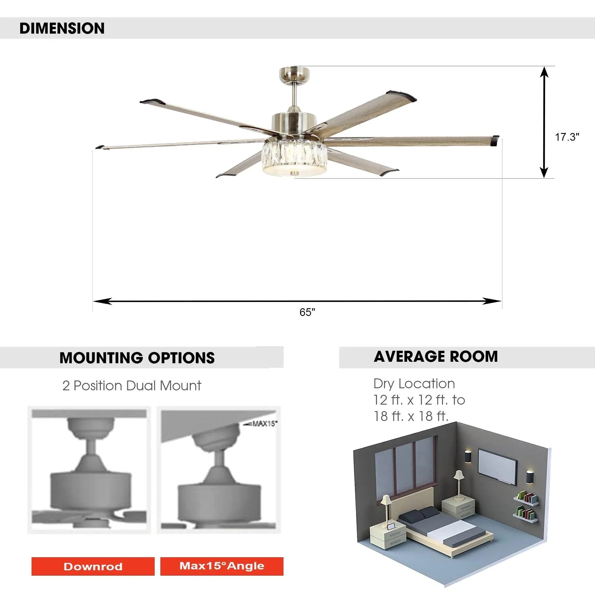 65" Modern Brushed Nickel DC Motor Downrod Mount Reversible Ceiling Fan with Lighting and Remote Control - Parrot Uncle UK