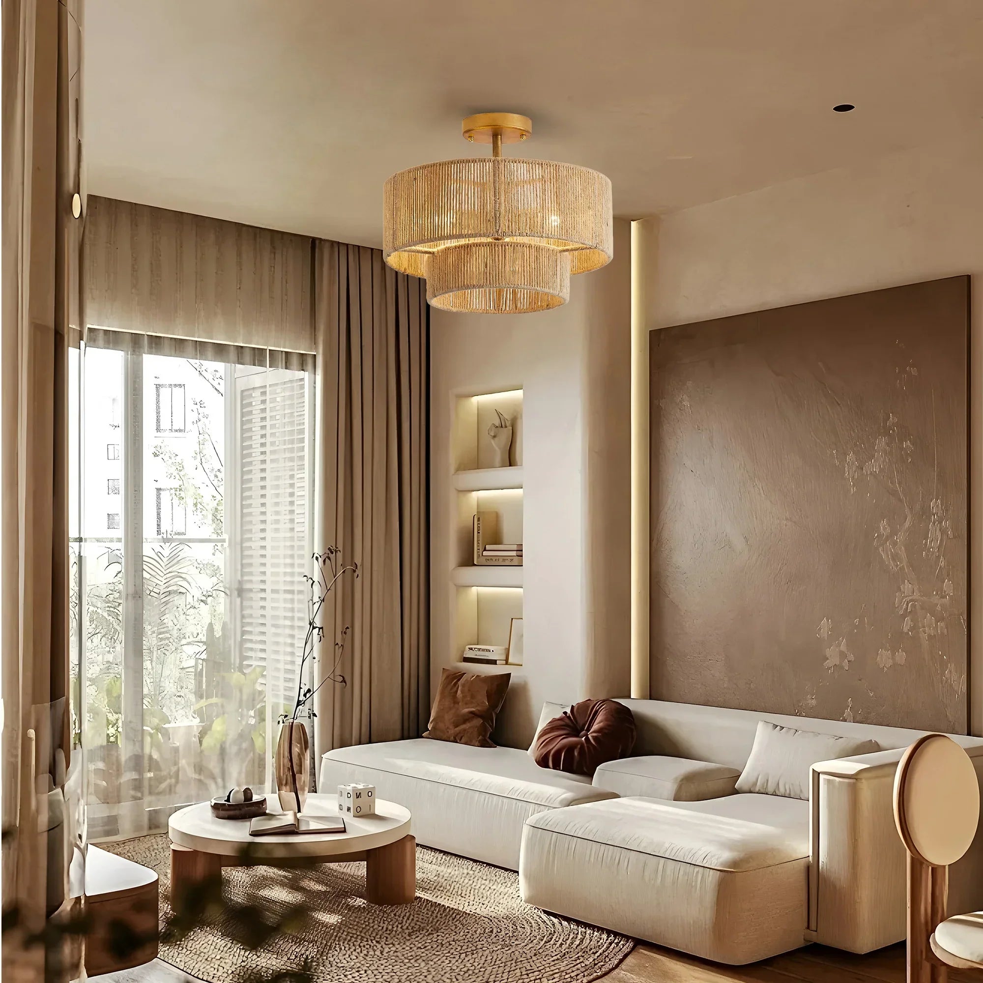 3-Light Traditional Farmhouse Wabi-Sabi Rope Light Flush Mount Light - Parrot Uncle UK