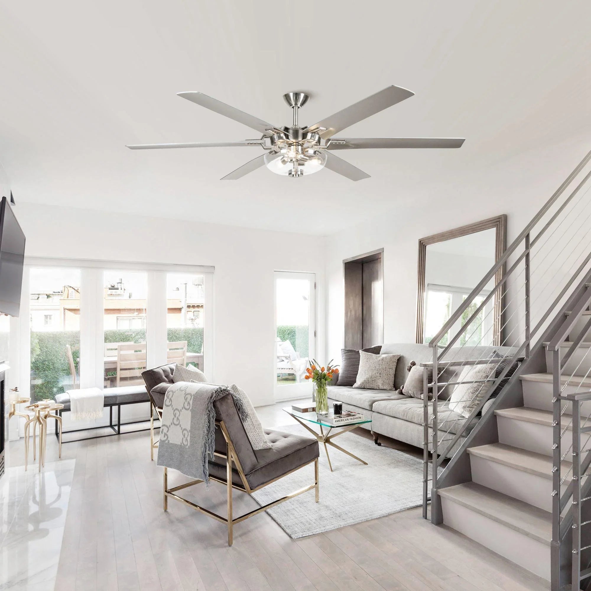 178cm（70"） Modern Brushed Nickel DC Motor Downrod Mount Ceiling Fan with Lighting and Remote Control