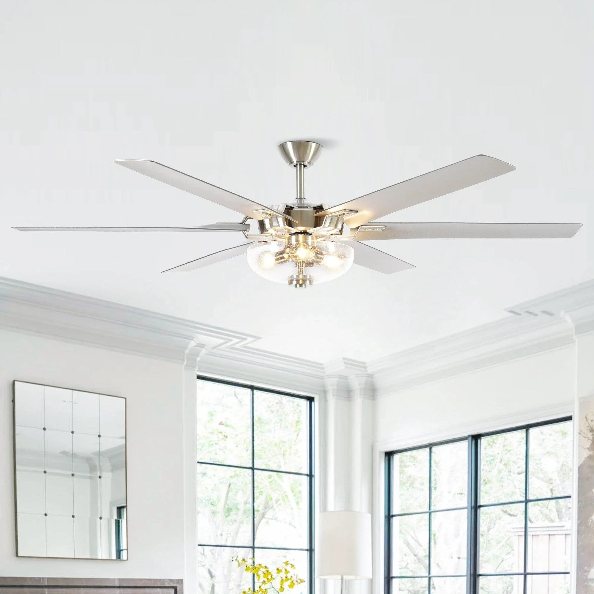 178cm（70"） Modern Brushed Nickel DC Motor Downrod Mount Ceiling Fan with Lighting and Remote Control