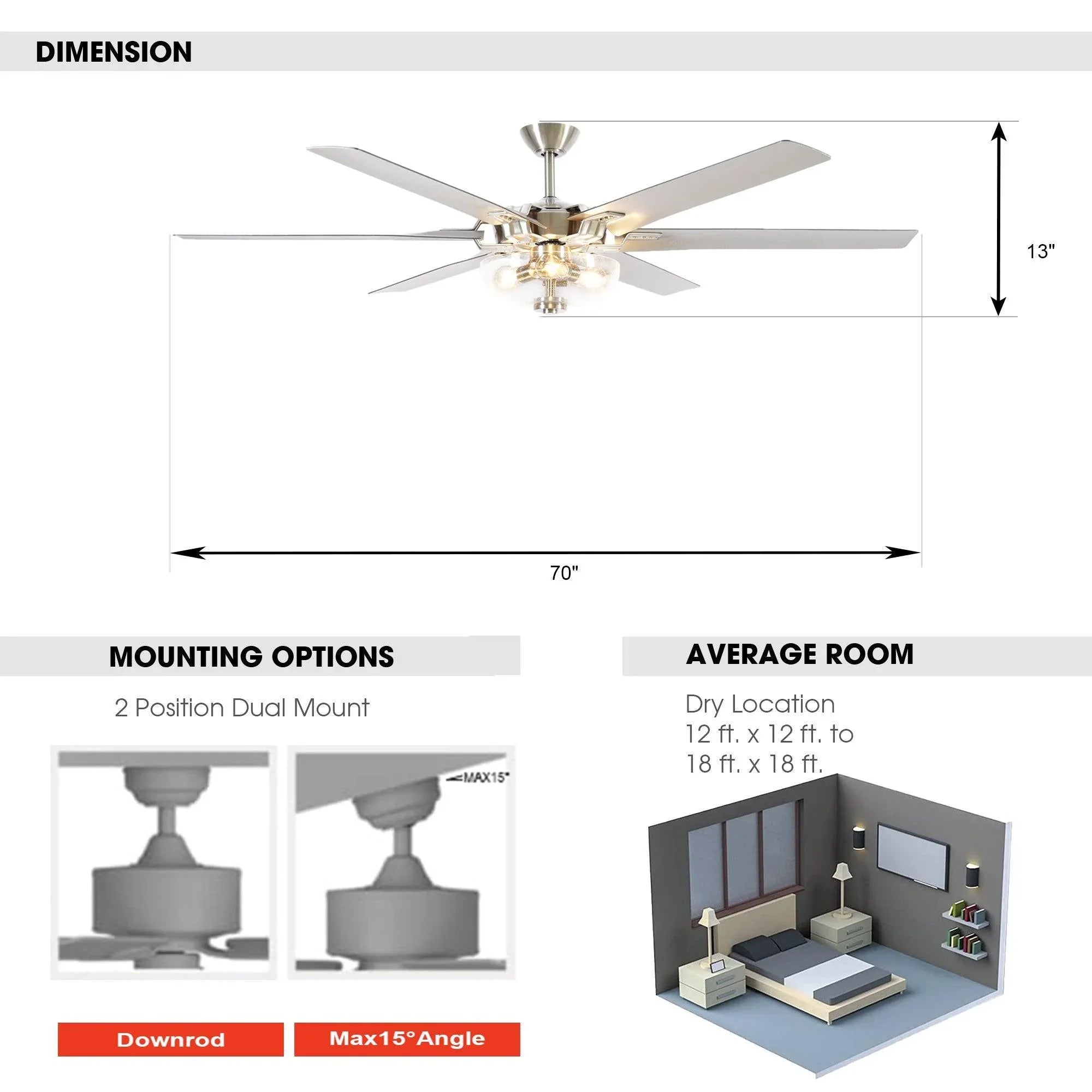 70" Modern Brushed Nickel DC Motor Downrod Mount Ceiling Fan with Lighting and Remote Control - Parrot Uncle UK